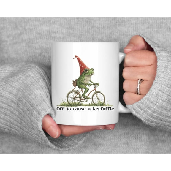 Off to Cause a Kerfuffle Frog Coffee Mug, Funny Weirdcore Meme Aesthetic Cup, Humorous Animal Drinkware, Playful Gift for Friends