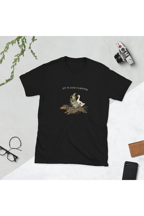 Off to Cause a Kerfuffle Funny Meme T-Shirt, Dachshund Frog Raccoon Silly Goose Graphic Tee, Humor Short Sleeve Shirt