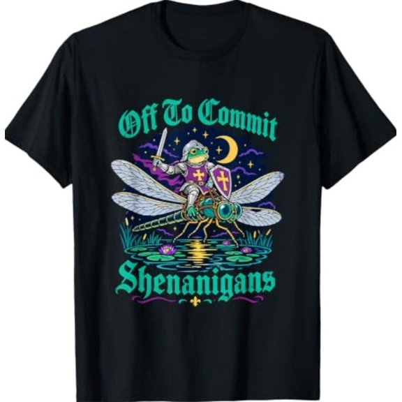 Off to Commit Shenanigans Funny Frog Knight Dragonfly Meme T-Shirt