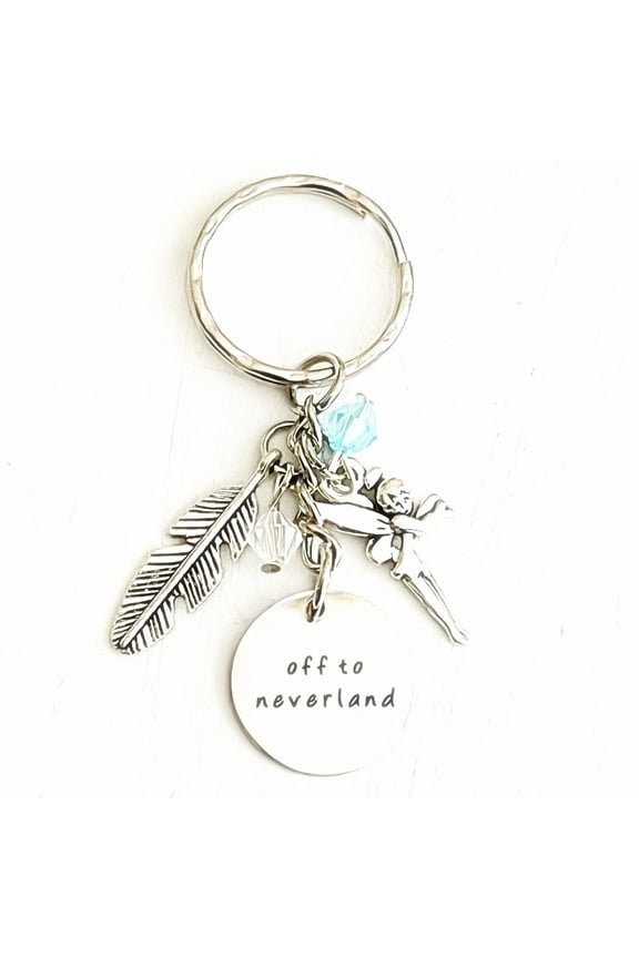 Off to Neverland Peter Pan Tinker Bell Silver Charm Keychain Gift of Love | Tinkerbell Merchandise and Accessories for Women