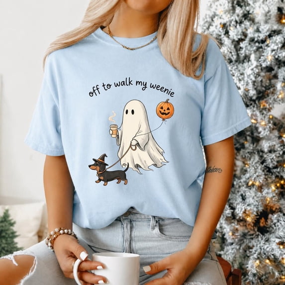 Off to Walk My Weenie T-Shirt, Funny Dachshund Halloween Ghost Tee,Light Blue Color,Size XL