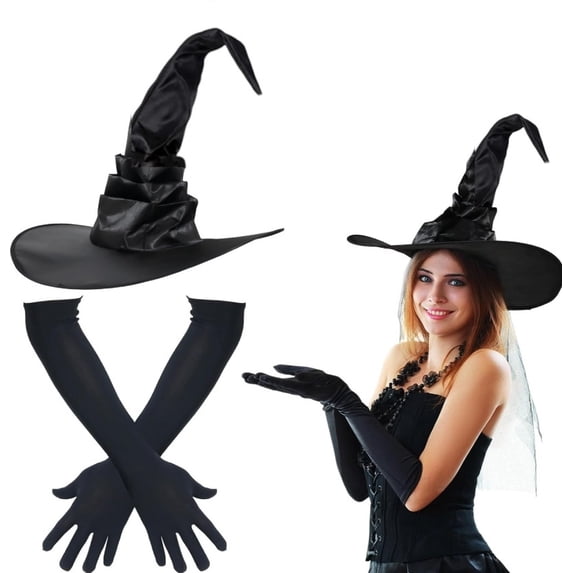 Offaod Women's Witch Hat & Long Gloves Set - Foldable Halloween Costume Accessories, Gothic Spooky Party Outfit