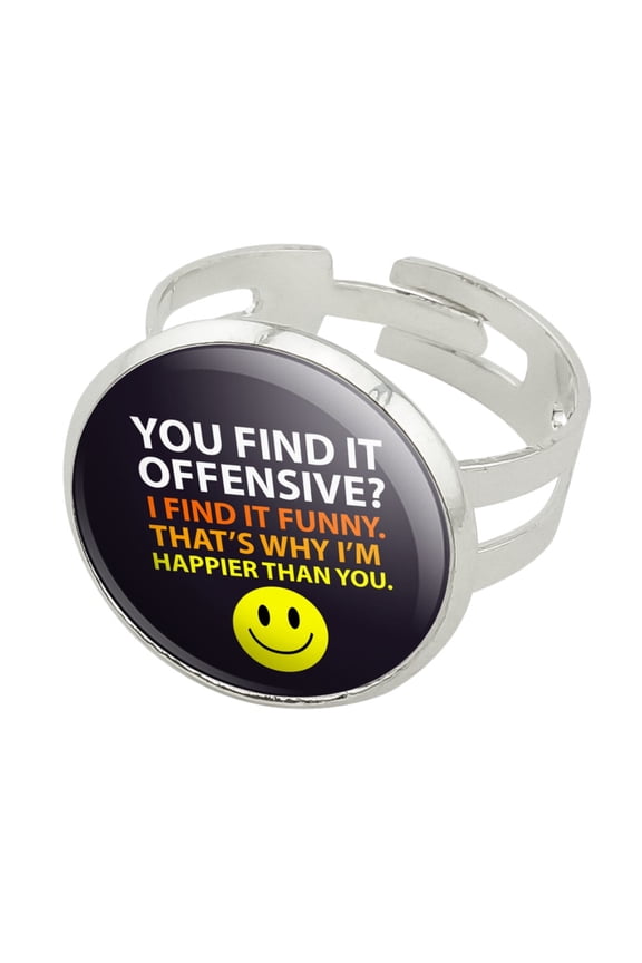 Offensive Happier Than You Smile Face Funny Silver Plated Adjustable Novelty Ring
