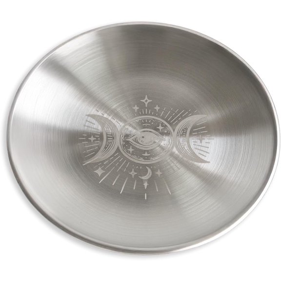 Offering Bowl Prayer Ritual Plate Great for Wicca, Altar use, Ritual use, Incense Burner, smudging Bowl, Decoration, (Silver Triple Moon)