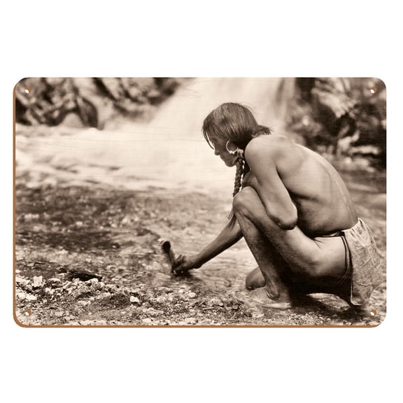 An Offering at the Nambe Waterfall - Tewa North American Indians - Vintage B&W Historical Photograph by Edward S. Curtis c.1927 - 8 x 12 inch Vintage Wood Art Sign