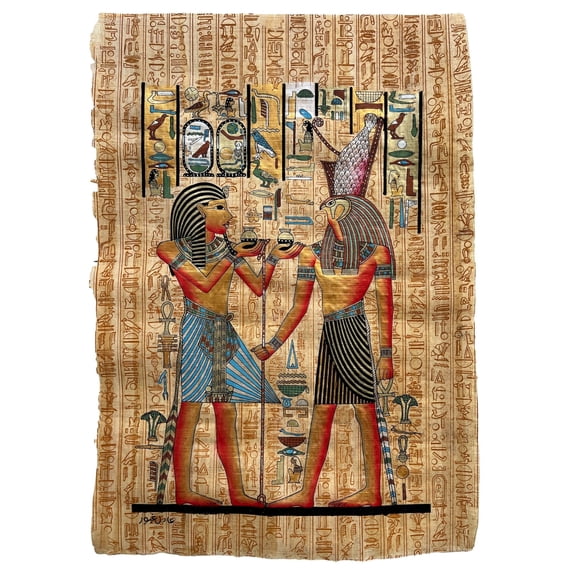 Offering The Sky God, God Horus, Pharaoh of Egypt, Hand Painted in Egypt on Finest Handmade Egyptian Papyrus Paper 17x25 inches