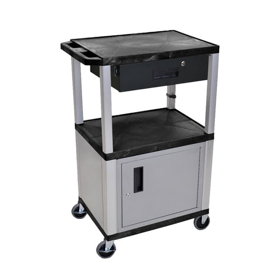 Offex 42"H Multipurpose Electric A/V Cart with 3 Shelves,Cabinet and Drawer - Nickel Leg