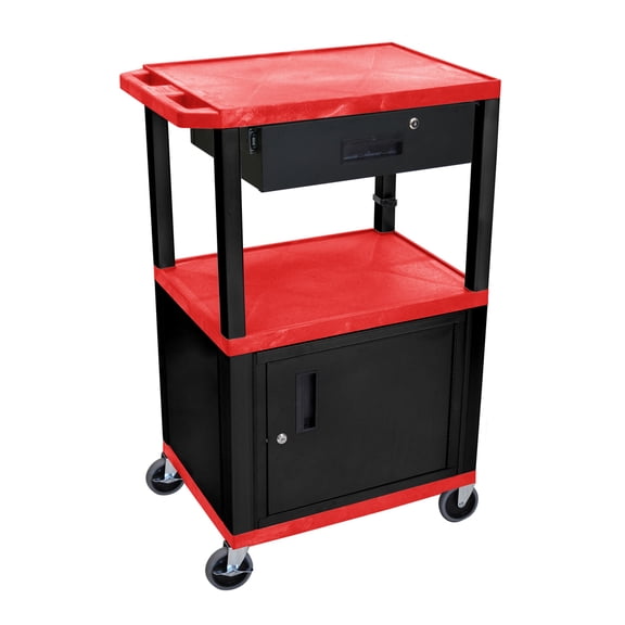 Offex 42" Tuffy A/V Cart - Three Shelves, Cabinet, Drawer - Black Legs Red