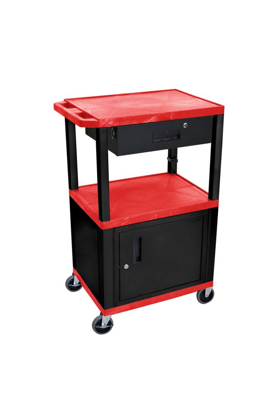 42" Tuffy A/V Cart - Three Shelves, Cabinet, Drawer - Black Legs Red