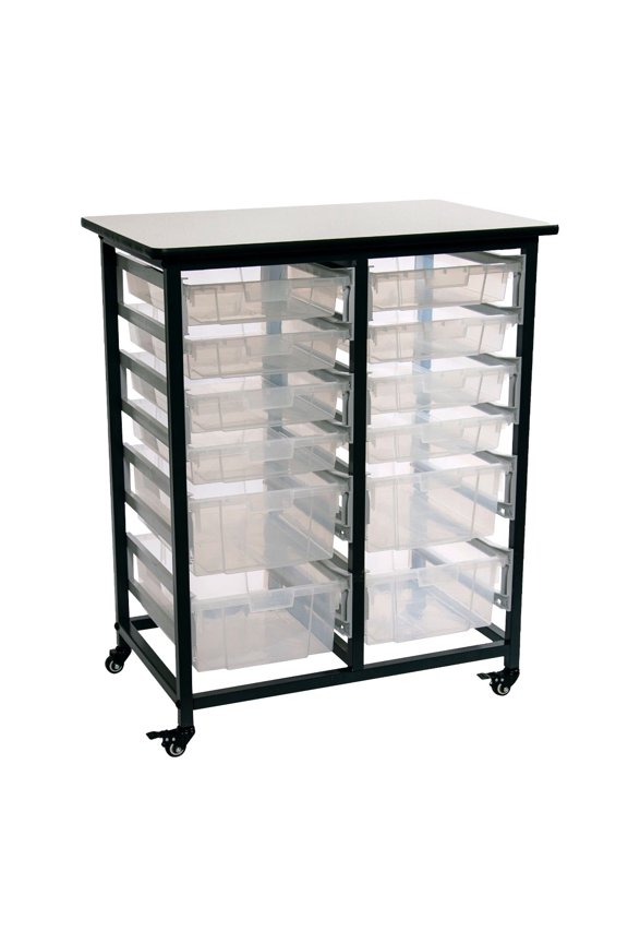 Double Row Mobile Bin Storage Unit Large and Small Clear Bins