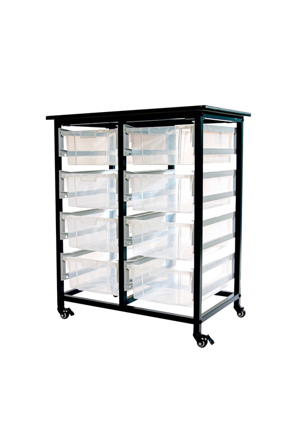 Double Row Mobile Bin Storage Unit with Large Clear Bins