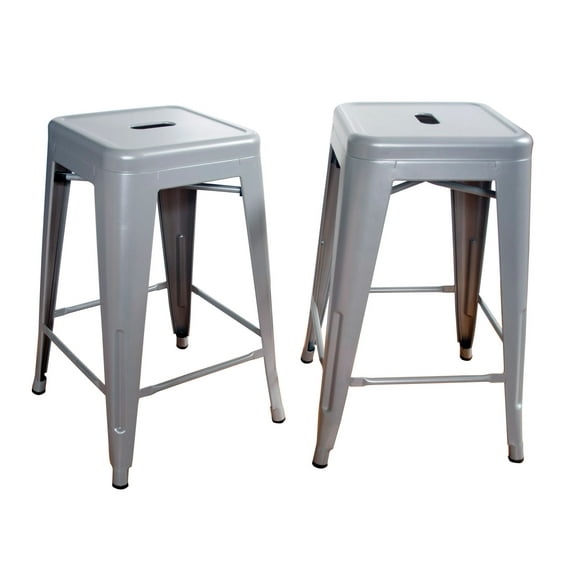 Offex Loft 24"H Stackable Metal Bar Stool with X Brace Support Silver - Set of 2