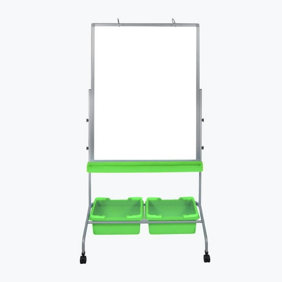 Offex Rolling School Classroom Double Sided Magnetic Whiteboard Chart Stand with 2 Storage Bins - Green