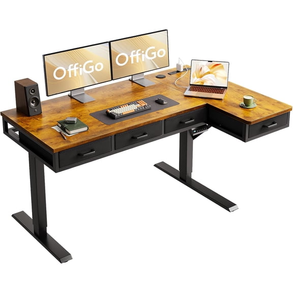 OffiGo 55 Inch L Shaped Electric Standing Desk with 4 Drawers, Rustic Brown | Reversible Corner Table, Office Desk With 4 Drawers and Outlets For Home Office, Computer Workstation And Sit Stand Use