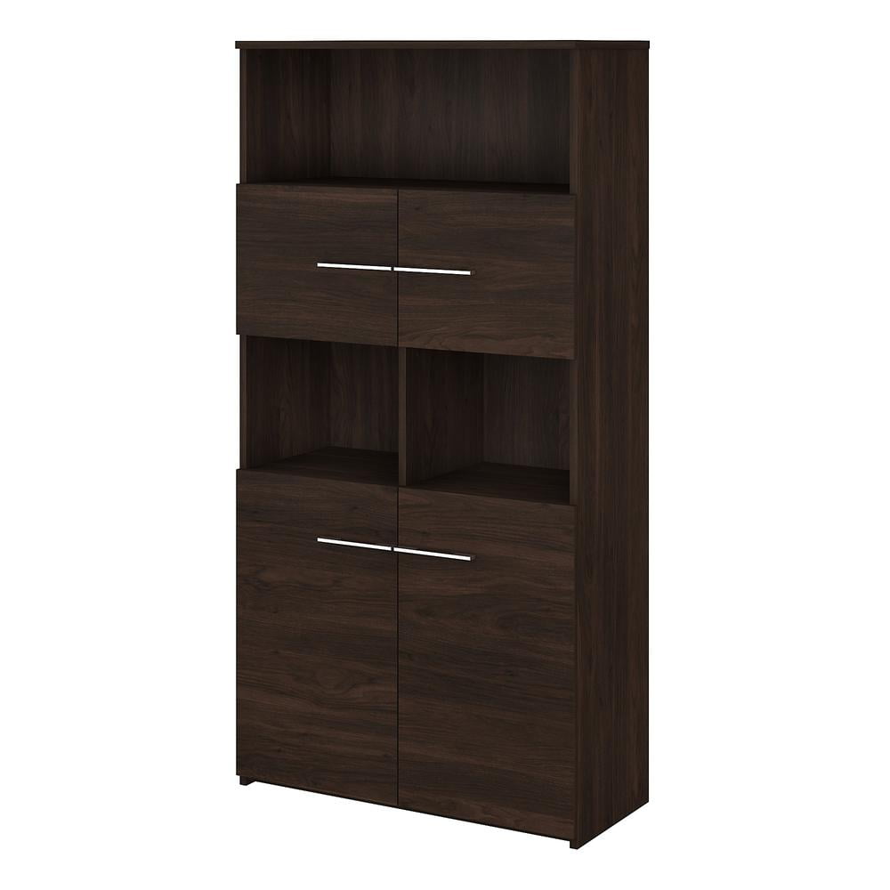 Black Walnut 5-Shelf Bookcase with Hinged Doors