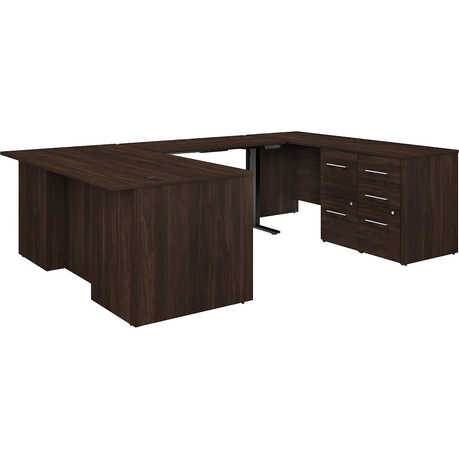 Contemporary Black Walnut U-Shaped Adjustable Desk with Storage