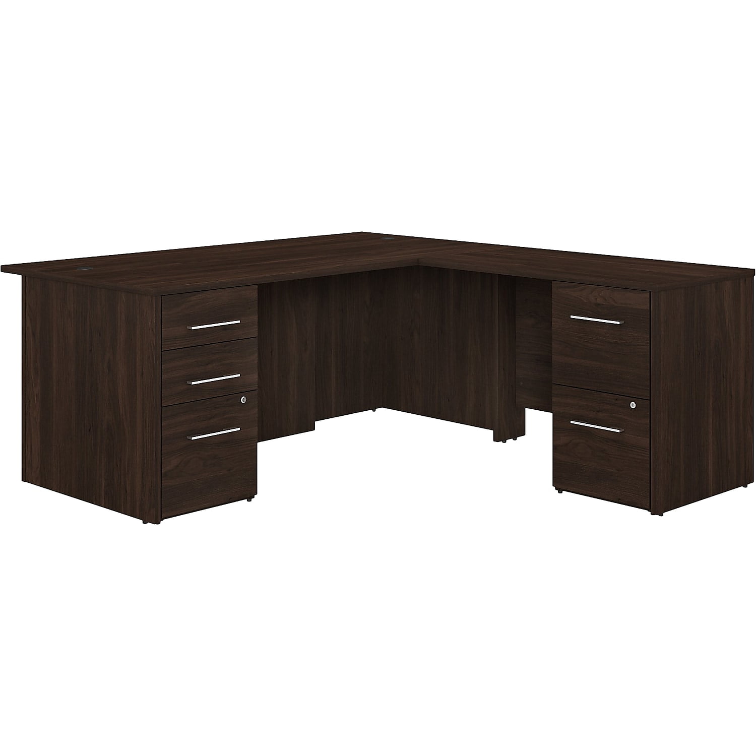 Black Walnut L-Shaped Executive Desk with Filing Cabinets and Drawers