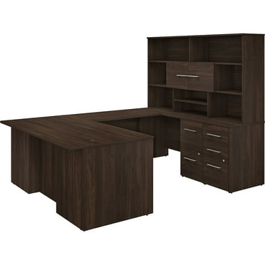 Office 500 72W U Shaped Desk with Hutch in Black Walnut - Engineered Wood