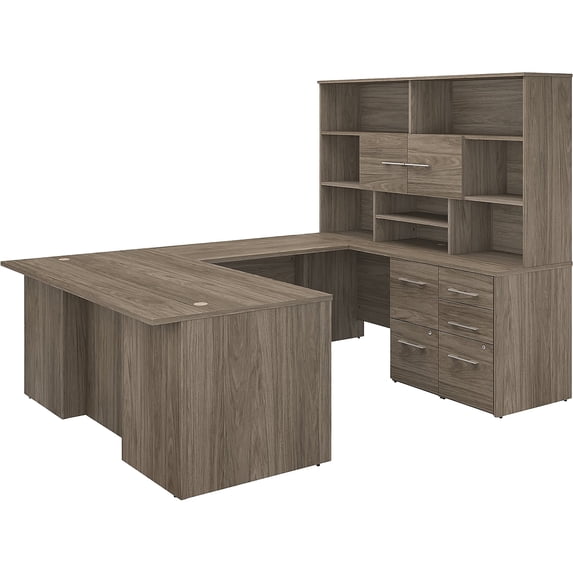 Office 500 72W U Shaped Desk with Hutch in Modern Hickory - Engineered Wood