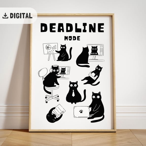 Office Art Poster Cat Working, Trendy Wall Art For Home Office, Motivational Team Office Decor, Catful Poster With Work Quote, Deadline, Unframed Poster Size 24x36