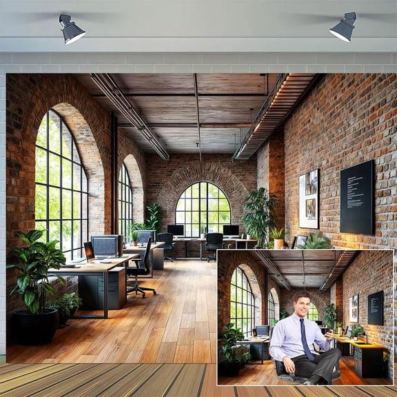 Office Backdrop for Video Conference Retro Business Interior Interior Brick Wall Photography Background Virtual Home Office Decorations Banner Photo Studio Props