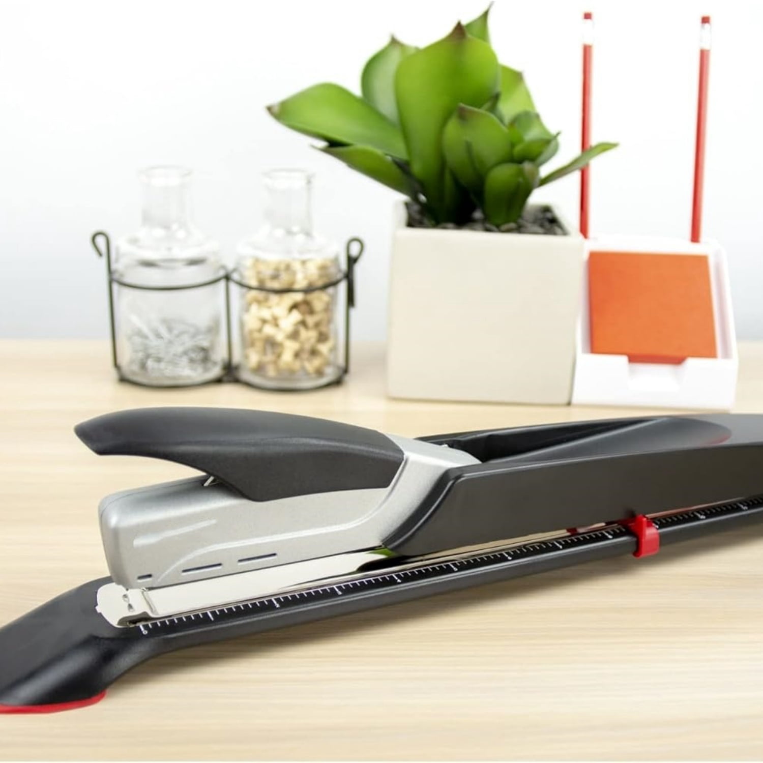 Office Booklet Stapler - One Finger, No Effort, Spring Powered, Long Reach Stapler - Silver