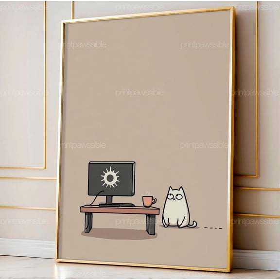 Office Cat Minimalist Print Quirky Working Kitty Line Art Modern Job Animal Simple, Unframed Paper Poster 8x10in