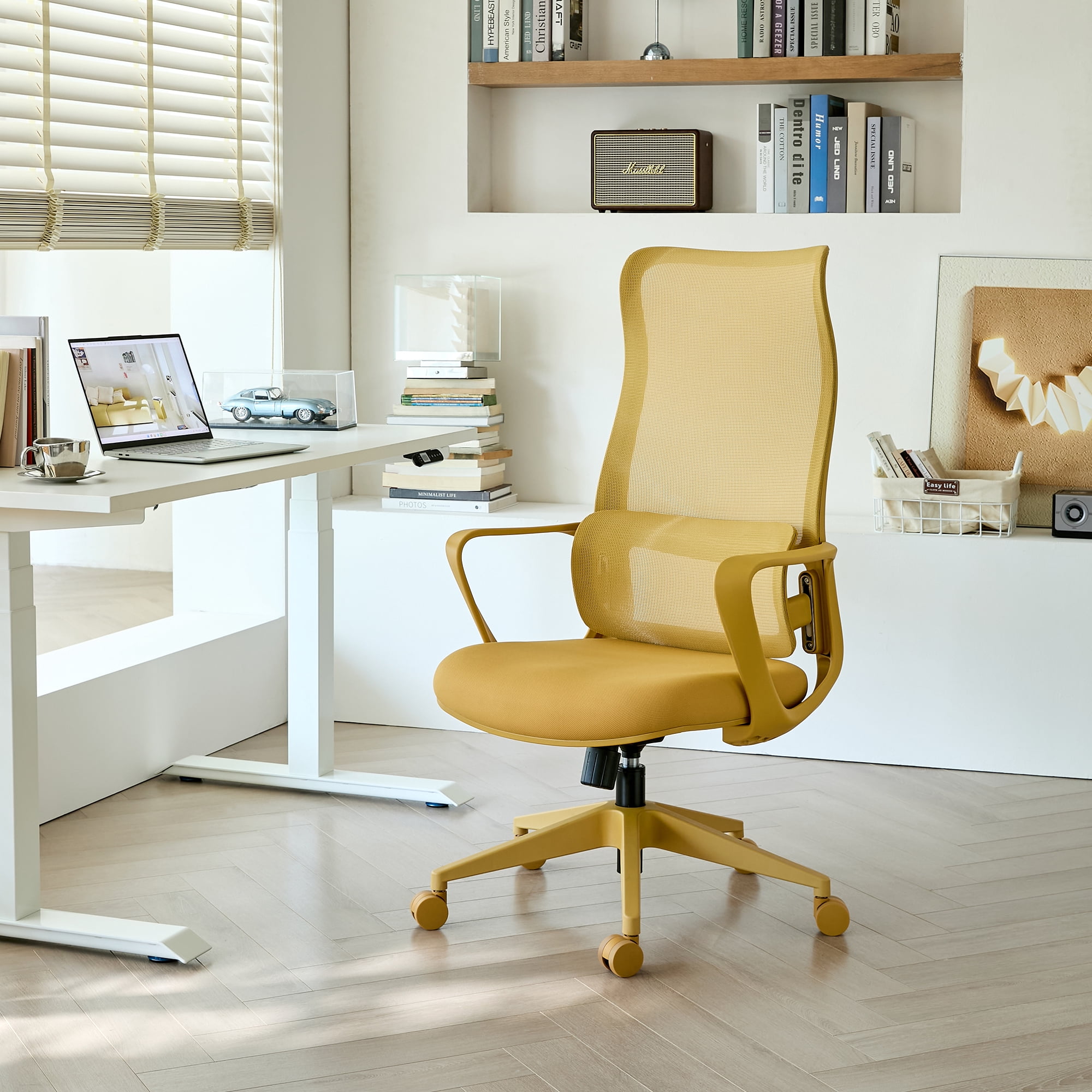 Office Chair, 350LBS Home Mesh Breathable High Back, With Adjustable Lumbar Support Computer Chair, Integrated Molded Foam Seat Cushion, Fireproof (Yellow)