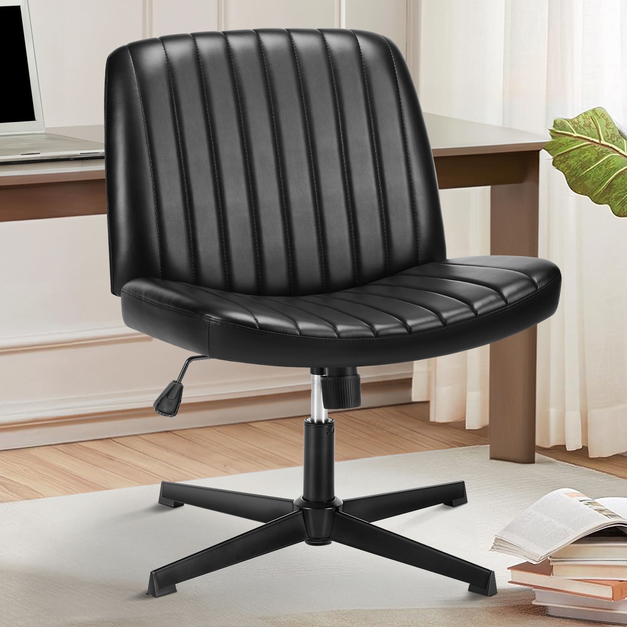 EDX Armless PU Leather Office Chairs no wheels Adjustable Swivel Cross Criss Vanity Chairs Black
