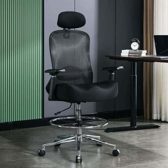 JONPONY Ergonomic Tall Drafting Chair 500Lbs, Mesh Executive Tall Office Chair, High Back Standing Desk Chair with Adjustable Headrest, Back, Arm & Foot Ring, LightBlack