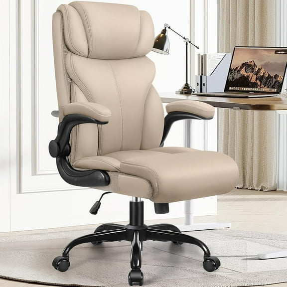 Office Chair, Big & Tall Executive Leather Desk Chair w/Flip-up Arms, Lumbar Support, Rocking Function, 400lbs Capacity, Khaki