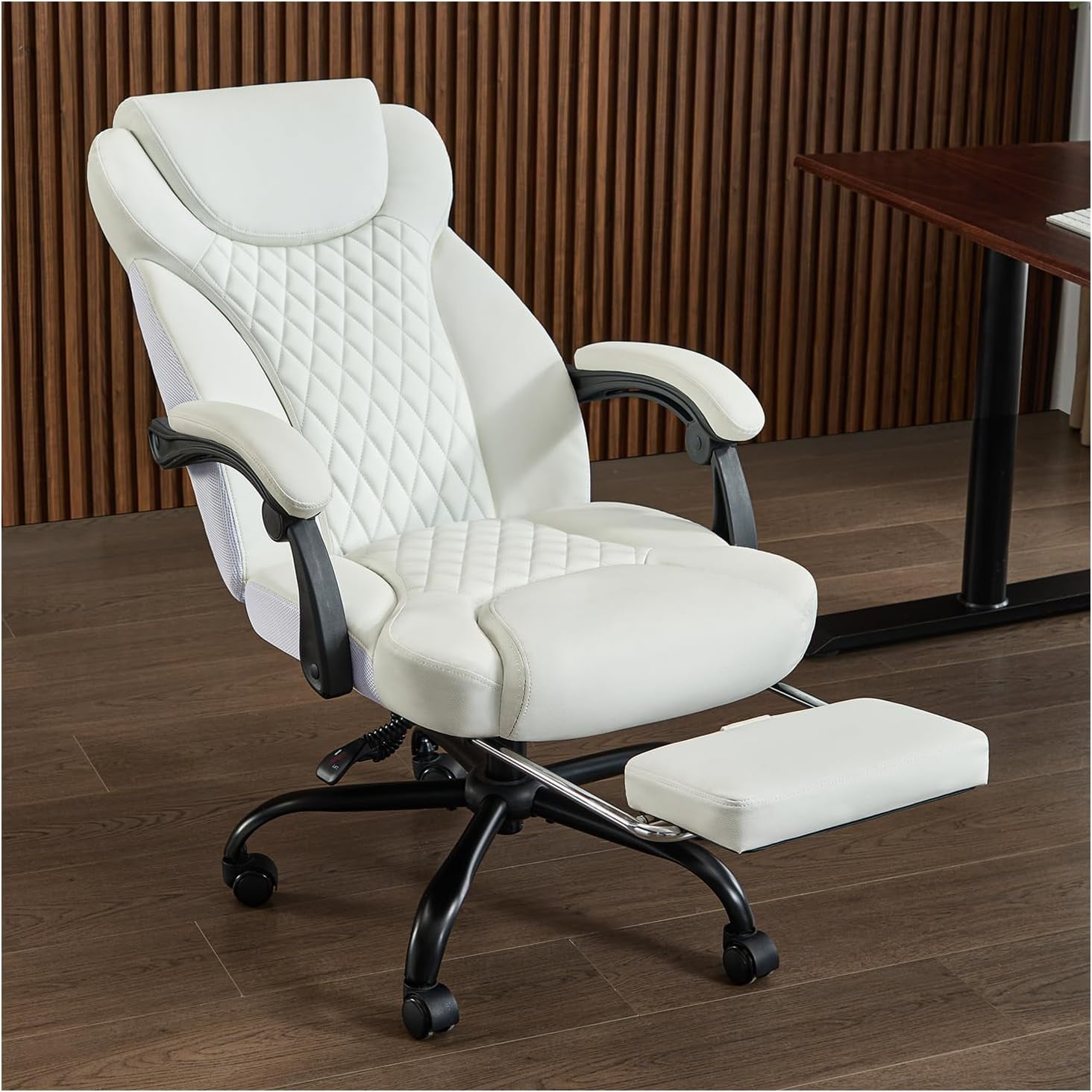 Office Chair, Big and Tall Office Chair with Foot Rest Ergonomic Office Chair Home Office Desk Chairs Reclining High Back Leather Chair with Lumbar Support(White)