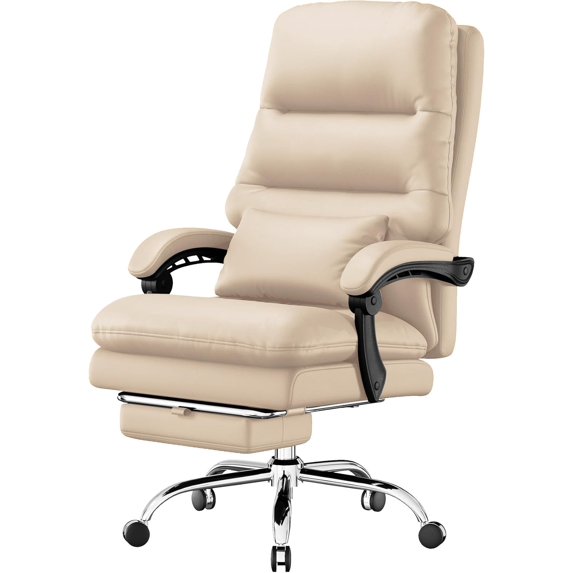 Office Chair, Big and Tall Office Desk Chair, Ergonomic Office Chair, 400LBS PU Leather Computer Chairs, Executive Chair with Foot Rest and Lumbar Pillow (Beige)