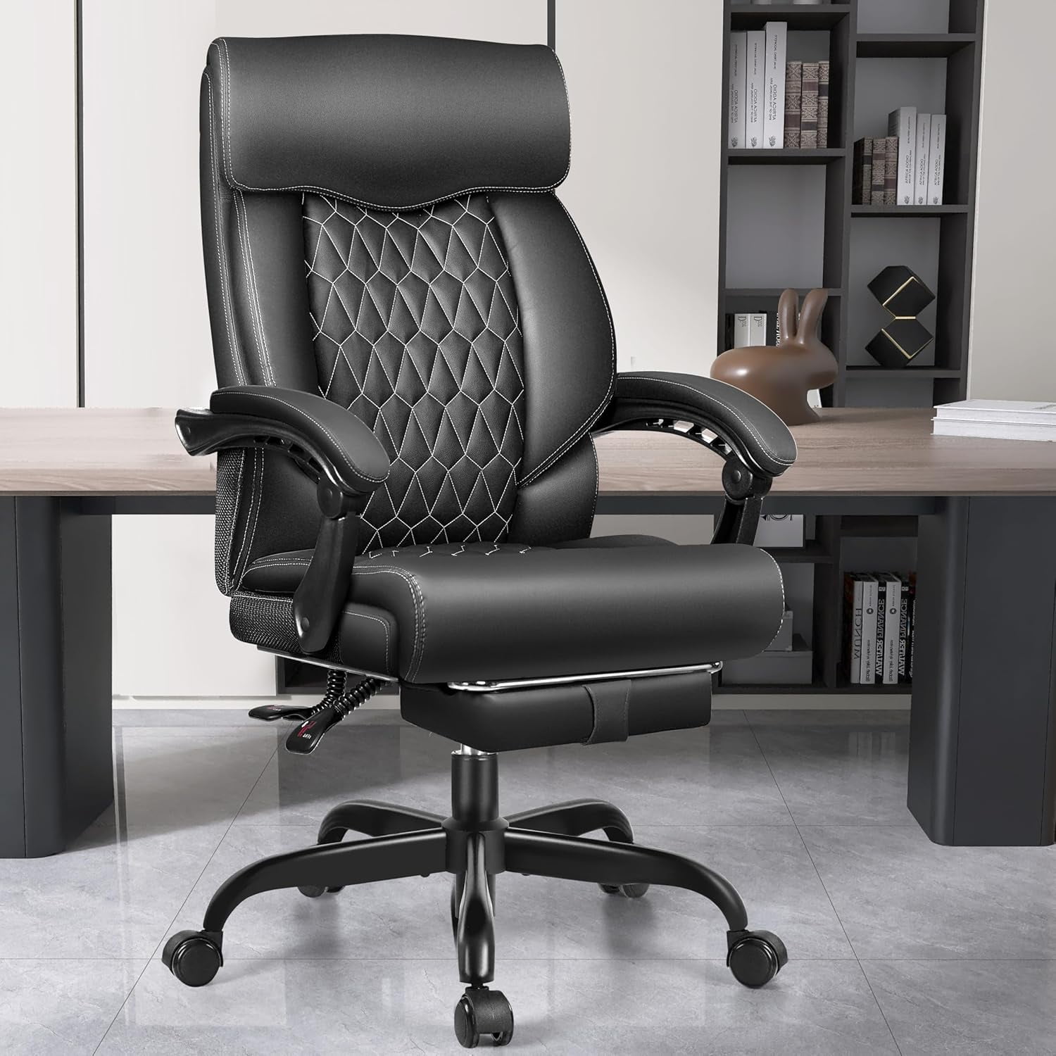 Office Chair, Big and Tall Office Desk Chair, Reclining Office Chair with Footrest Home Office Desk Chairs, High Back Ergonomic with Lumbar Support, Executive Leather