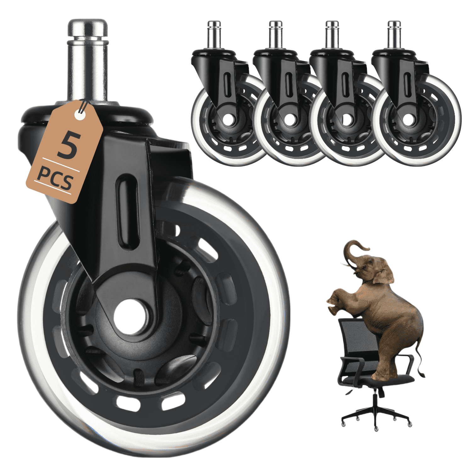 Office Chair Caster Wheels Replacement Set of 5,3 inch Heavy-Duty Computer Gaming Desk Rubber Caster Wheels Suitable for Hardwood Floors, Carpet, Tiles, Carpet,Support up to 650 lbs