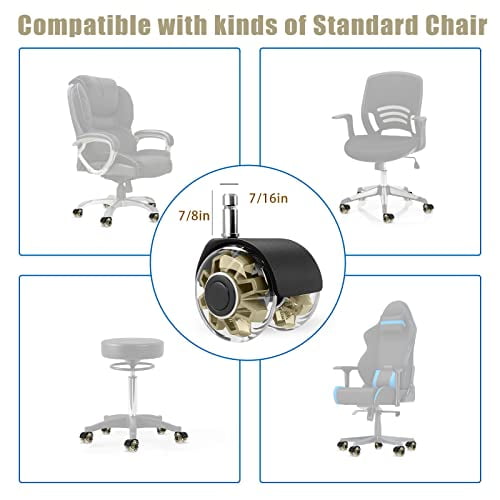 Office Chair Caster Wheels (Set of 5),Heavy-Duty Chair Wheels Support 2200lbs,Mute Rubber Chair Casters for Hardwood Floors and Carpet,2 Inch Universal Fit (Gold)