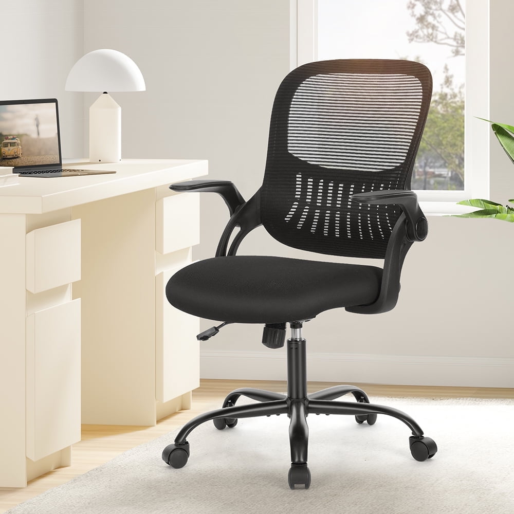 Ergonomic Office Chair Mid Back Task Chair with Flip up Armrests Lumbar Support Black Walmart