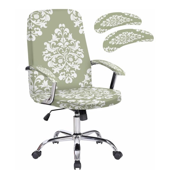 Office Chair Cover with Armrest Covers & Zipper Sage Green Flower Computer Chair Covers Stretchable Classical Luxury Abstract Art Universal Rotating Desk Chair Slipcovers Seat Protectors Medium