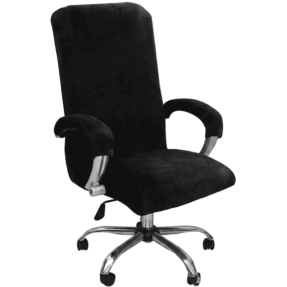 Office Chair Cover with Armrest Covers, Removable Velvet Plush Stretch Rotating Computer Chair Protector for Office Home, Black XL