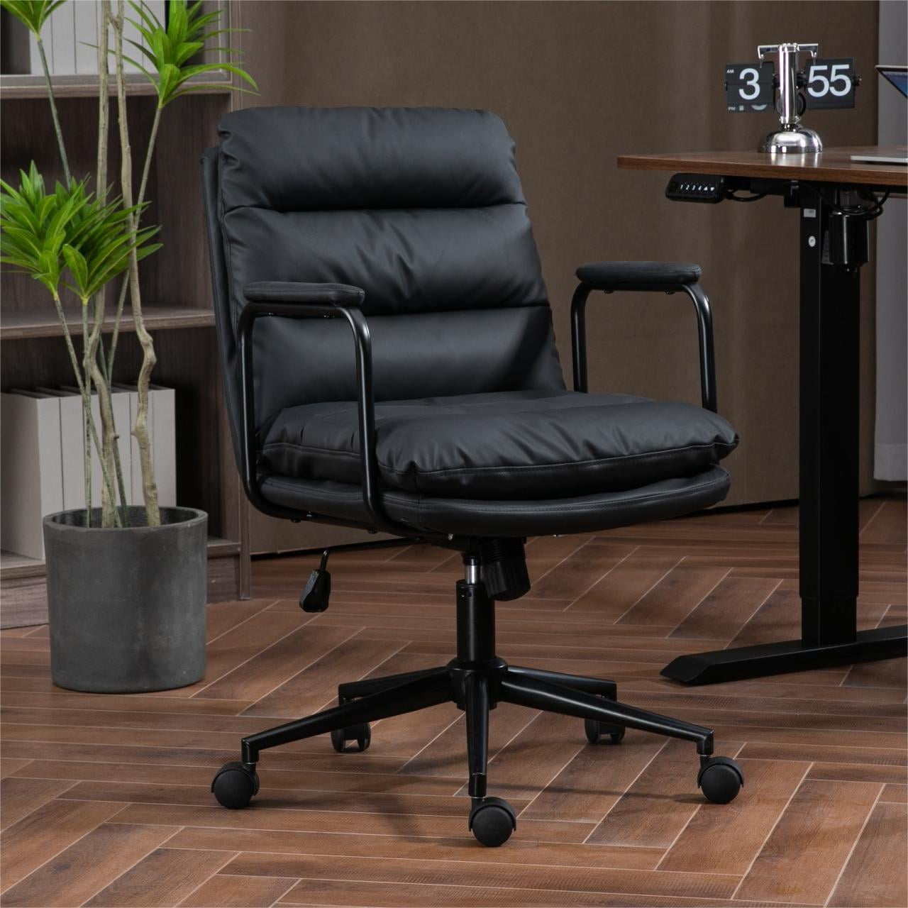 Office Chair Desk Chair Computer Chair Ergonomic PU Leather Swivel Rolling Chair Desk Task Chair with Padded Armrest,Black