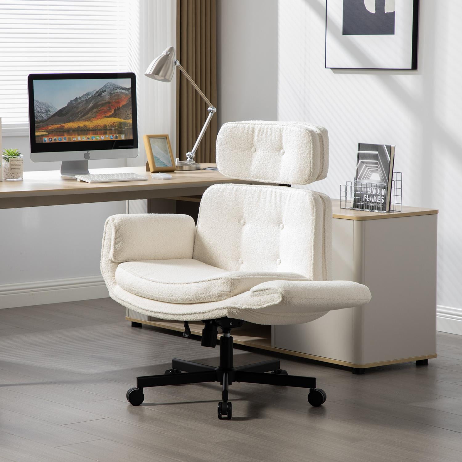 Office Chair, Desk Chair, Task Chair&nbsp;with Adjustable Armrests, Sherpa Fabric Criss Cross Chair with Wide Seat and Headrest for Home Office, Gaming, Makeup, Ivory