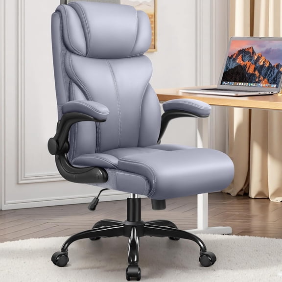 Office Chair, Ergonomic Big and Tall Computer Desk Chairs, Executive Breathable Leather Chair with Adjustable Flip-up Armrests, Lumbar Support Swivel PC Chair with Rocking Function,Matte Gray