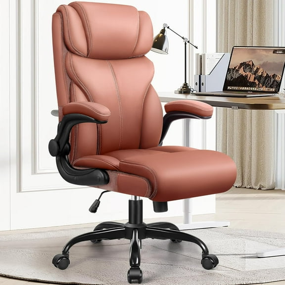Office Chair, Ergonomic Big and Tall Computer Desk Chairs, Executive Breathable Leather Chair with Adjustable High Back Flip-up Armrests, Lumbar Support Swivel PC Chair with Rocking Function