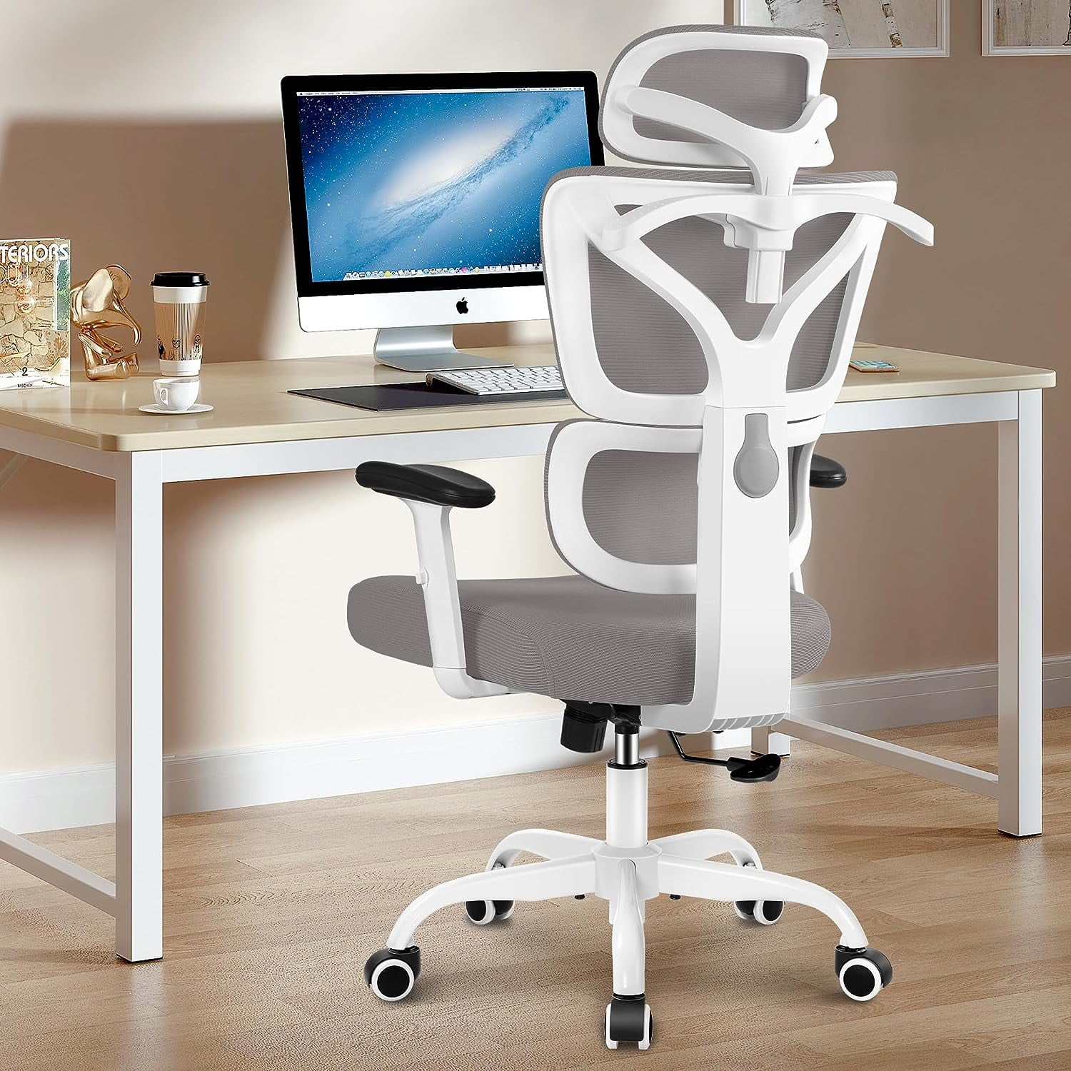 Office Chair, Ergonomic Desk Chair with Adjustable Height and Lumbar Support Swivel Desk Computer Chair with Flip up Armrests for Conference Room, Drak Gray