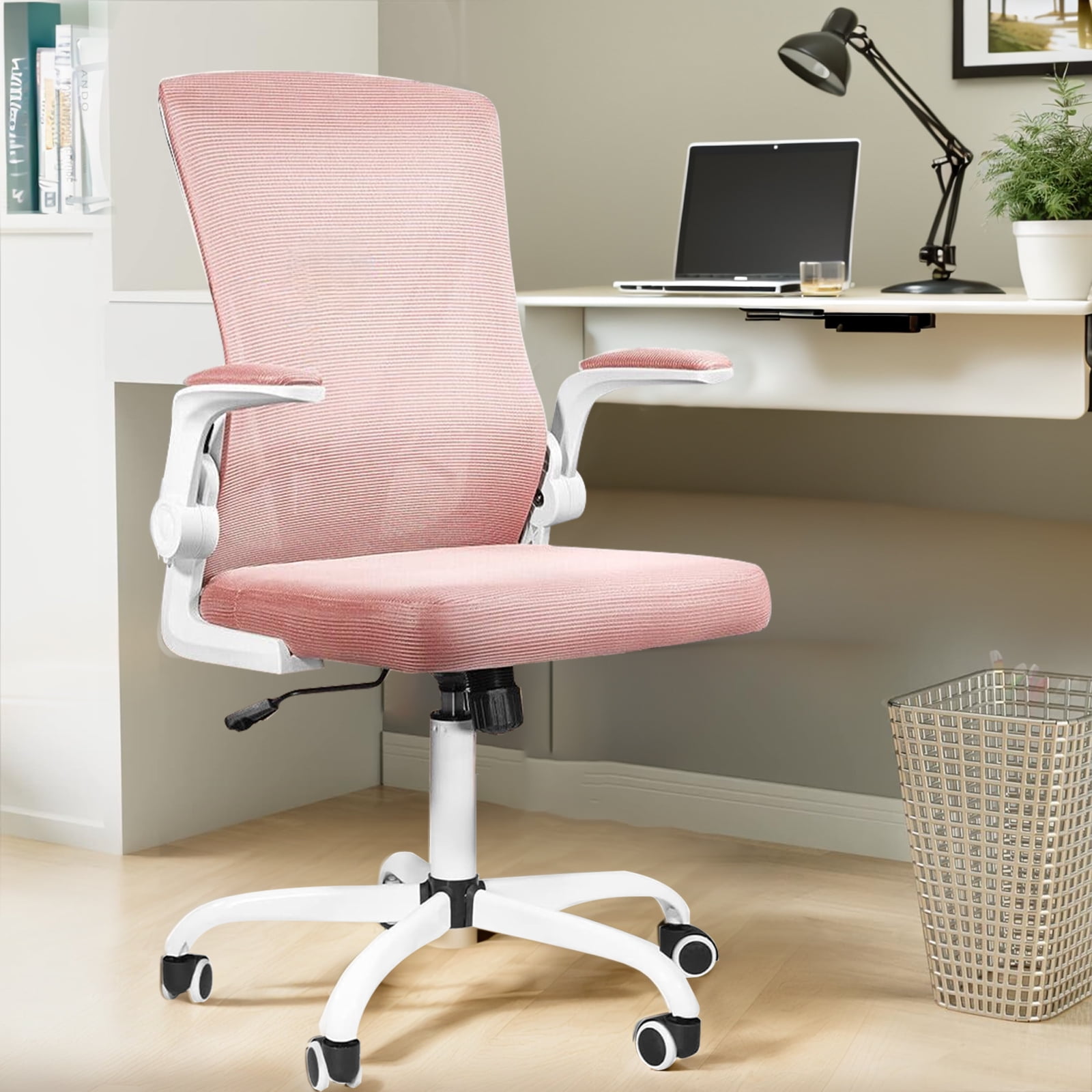 JHK Home Office Chair Mesh Mid Back Ergonomic Computer Executive Task Desk  with Lumbar Support, Armrest, Rocking Swivel Tilt Function, Wheels, Sponge Seat  Cushions for Adult, Pink 