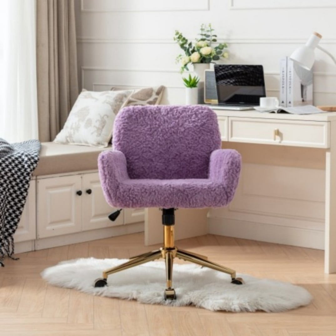 Office Chair, Faux Rabbit Fur Home Office Desk Chair with Golden Metal Base, Adjustable Height, 360° Swivel Reclining Vanity Chair, Violet