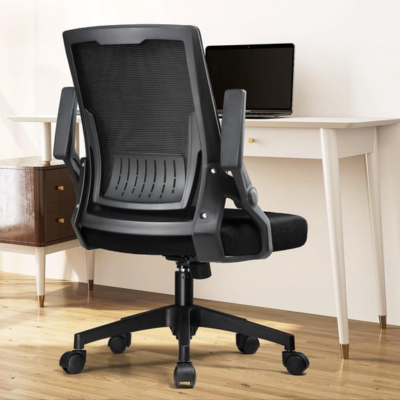 Office Chair with Flip-up Armrests Ergonomic Computer Desk Chair with Adaptive Lumbar Support, Breathable Mesh Swivel Tilt Task Study Chair with Wheels for Home, Bedroom, Black