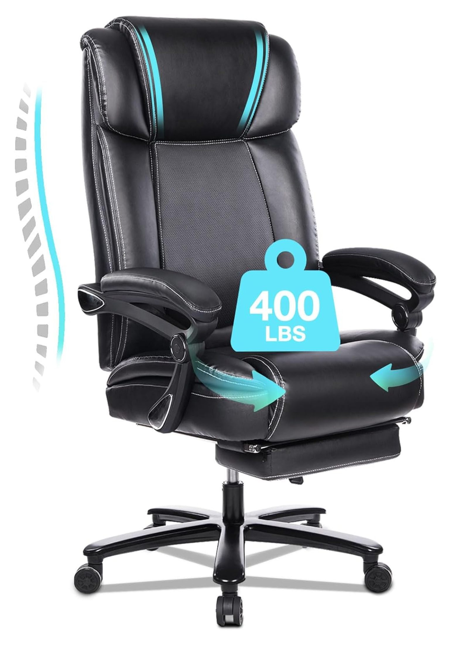 Big And Tall Office Chair Recliner With Footrest - Heavy Duty 400lb Capacity Executive Desk Chair - View #3