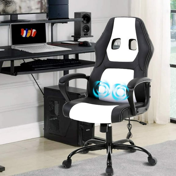 Office Chair Gaming Chair Desk Chair Ergonomic High Back Massage Computer Chair with Lumbar Support & Comfort Armrest PU Leather Rolling Task Racing PC Swivel Executive Chair for Men Women, White