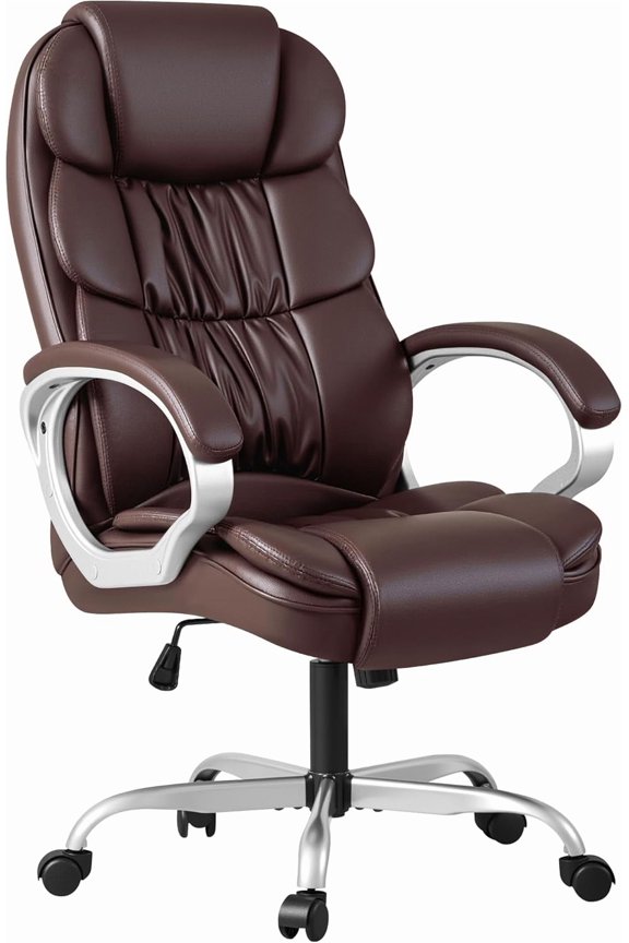 Office Chair High Back Computer Chair Ergonomic Desk Chair, PU Leather Adjustable Height Modern Executive Swivel Task Chair with Padded Armrests and Lumbar Support (Brown)